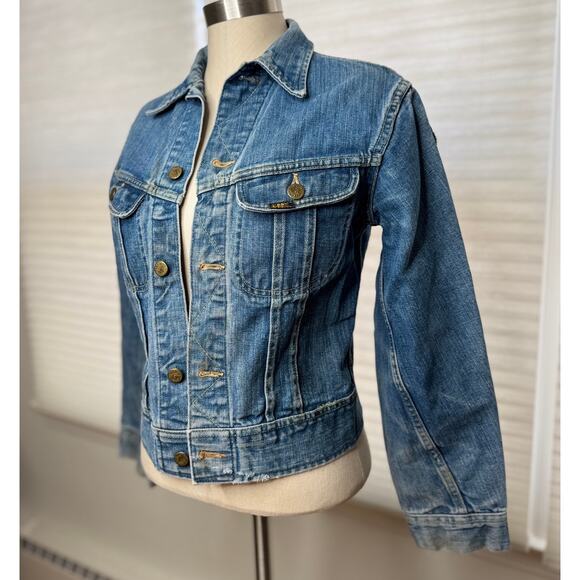 70s Vintage Lee Jeans Denim Jacket, Hippie Peace Sign Patch, XS S - Picture 4 of 16